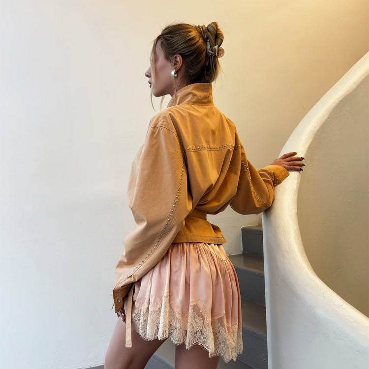 Damen Satin-Spitzen-Minirock mit luxuriösem Glanz und zarter Spitzenborte Nord Taschen