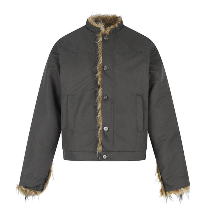 Damen Kurzjacke mit Kunstfellfutter, Stehkragen und verdeckter Knopfleiste Nord Taschen