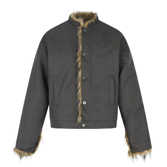Damen Kurzjacke mit Kunstfellfutter, Stehkragen und verdeckter Knopfleiste Nord Taschen