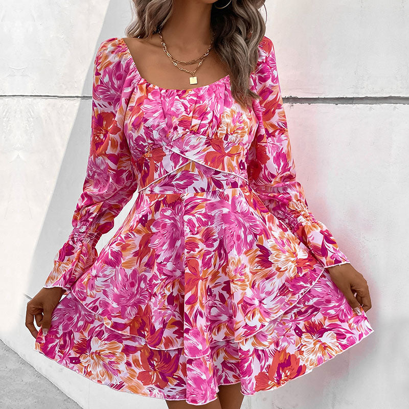 Damen Florales Rüschiges Skaterkleid mit Carmen-Ausschnitt, Taillennaht & Volantstufen Nord Taschen