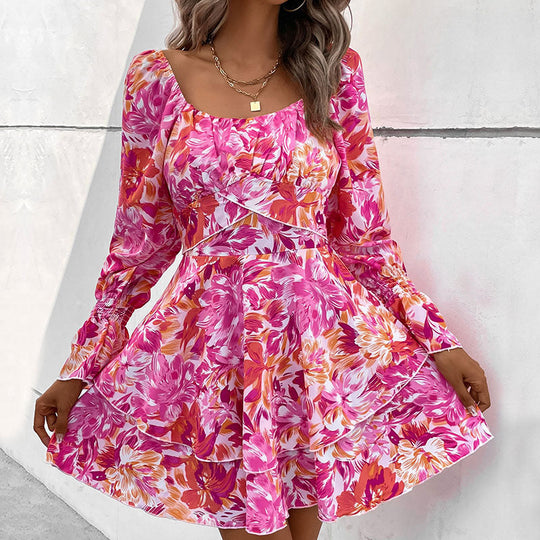 Damen Florales Rüschiges Skaterkleid mit Carmen-Ausschnitt, Taillennaht & Volantstufen Nord Taschen