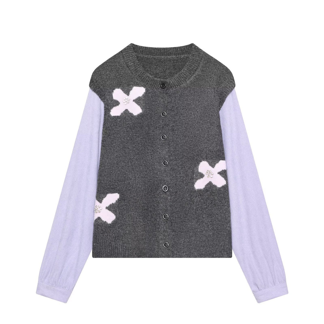 Damen Strickcardigan mit Zierblüten‑Applikation und kontrastärmeln Nord Taschen