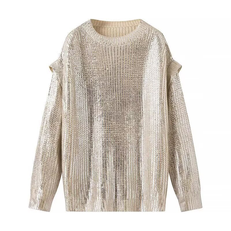 Damen Oversized Strickpullover mit Cut-Out-Schultern und Metallic-Glanz Nord Taschen