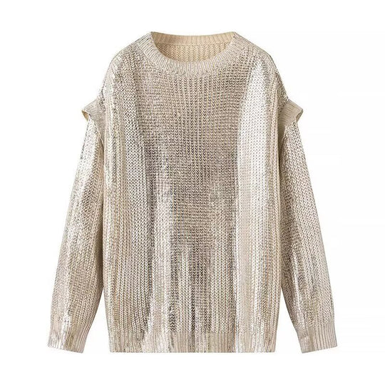 Damen Oversized Strickpullover mit Cut-Out-Schultern und Metallic-Glanz Nord Taschen