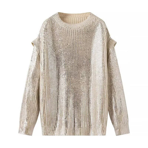Damen Oversized Strickpullover mit Cut-Out-Schultern und Metallic-Glanz Nord Taschen