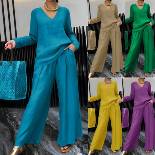Damen Feiner V-Ausschnitt Strickpullover mit fließender Palazzo-Hose Nord Taschen