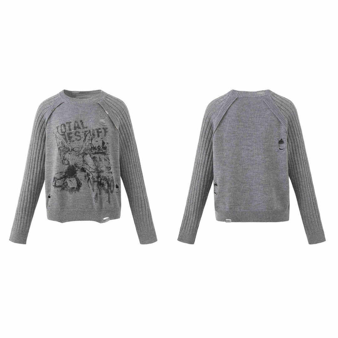 Damen Grobgestrickter Distressed Raglanpullover mit Retro-Grafikprint Nord Taschen