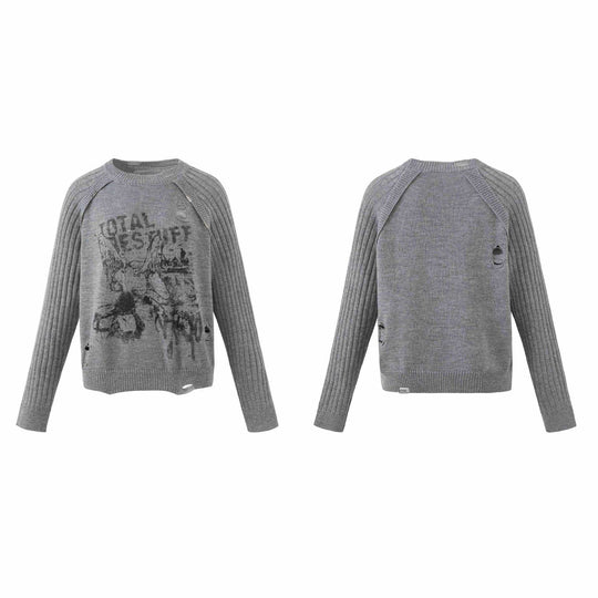 Damen Grobgestrickter Distressed Raglanpullover mit Retro-Grafikprint Nord Taschen