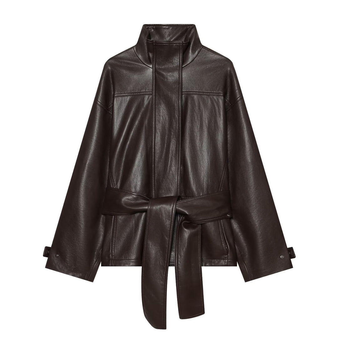 Damen Taillierte Kunstlederjacke mit hohem Stehkragen und Bindegürtel Nord Taschen