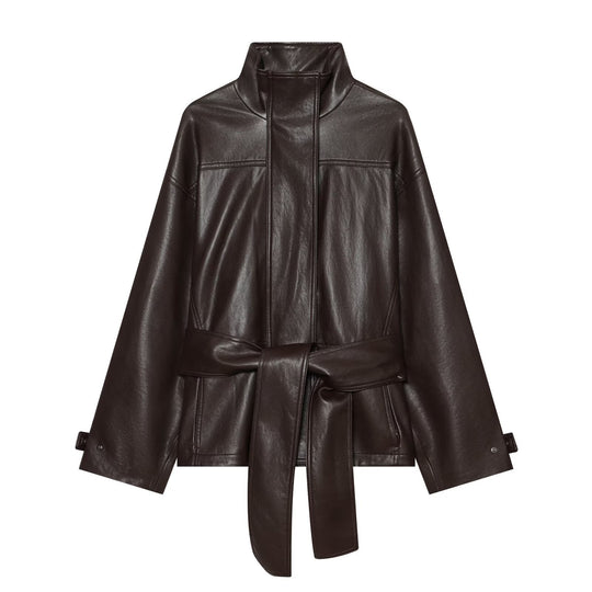 Damen Taillierte Kunstlederjacke mit hohem Stehkragen und Bindegürtel Nord Taschen