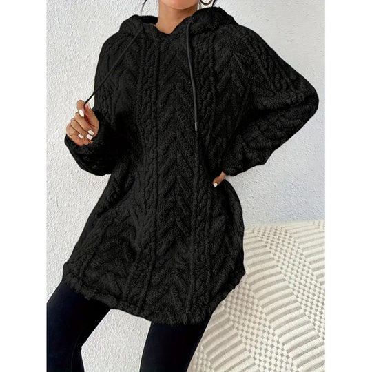 Damen Kuscheliger Teddy-Hoodie mit Zopfmuster Tunnelzug und gerundetem Saum Nord Taschen