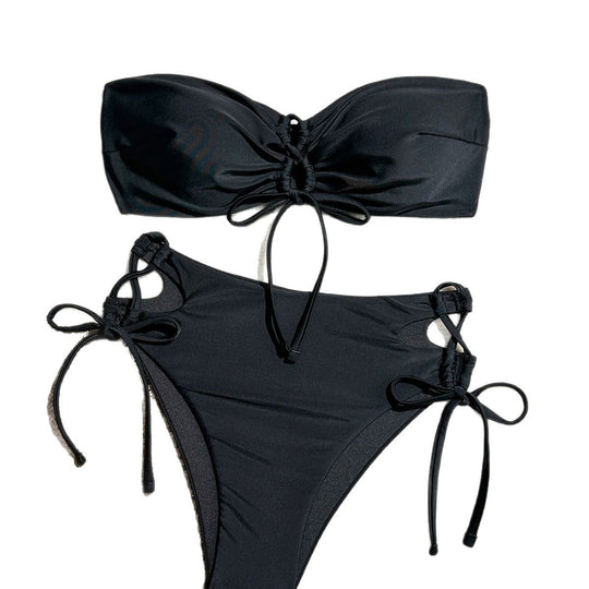Damen hochgeschnittener Bandeau-Bikini mit eleganten Raffungselementen