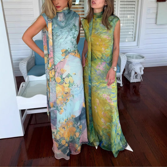 Damen Langes Kleid mit floralem Design und hochgeschlossenem Kragen Nord Taschen