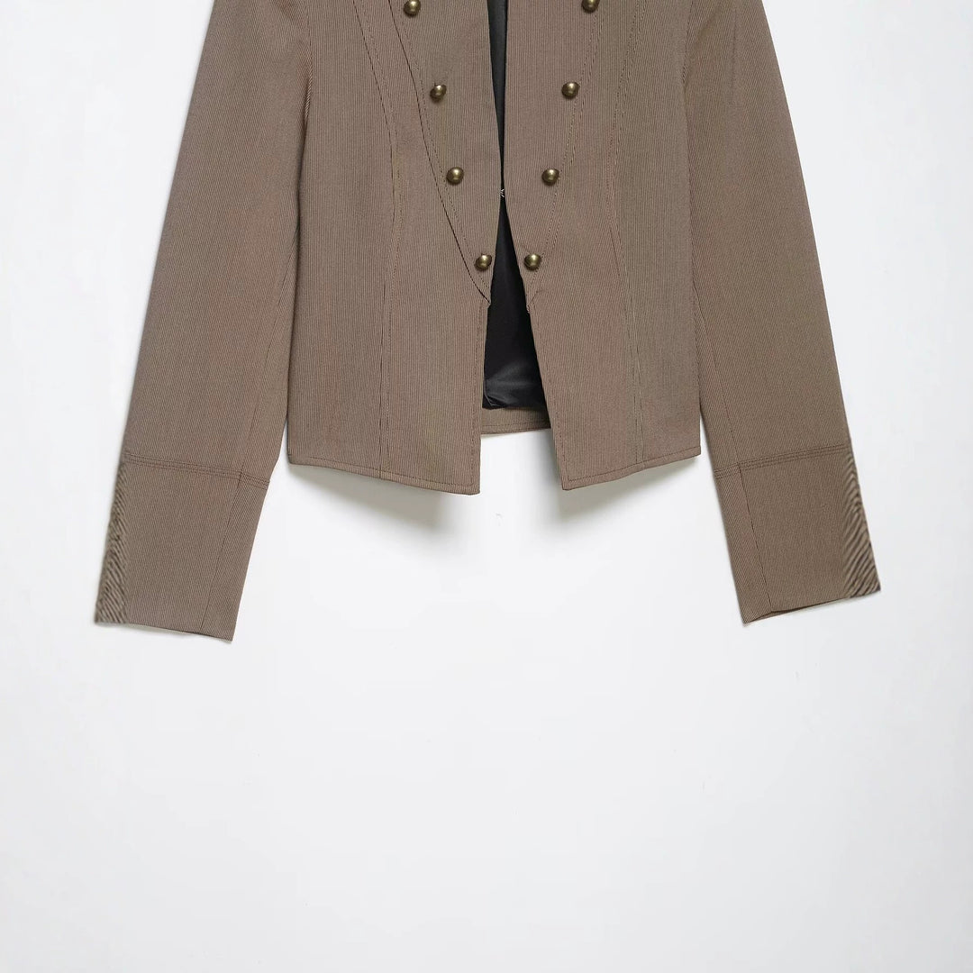 Damen Militärinspirierte Kurzjacke mit Stehkragen, doppelter Zierknopfleiste und Epauletten Nord Taschen