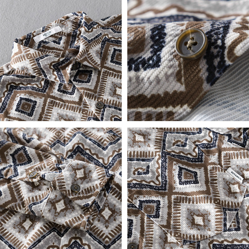 Herren Gemustertes Overshirt im Relaxed-Fit mit geometrischem Diamantprint und Brusttasche Nord Taschen
