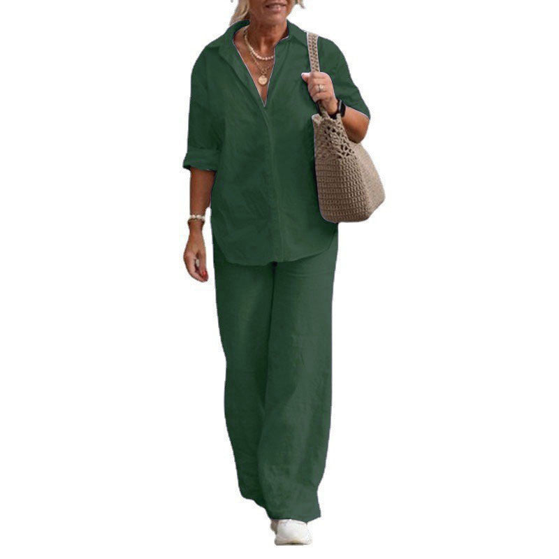 Damen Leichtes Leinen-Optik Zweiteiler mit Oversize-Hemd und weiter Palazzohose Nord Taschen