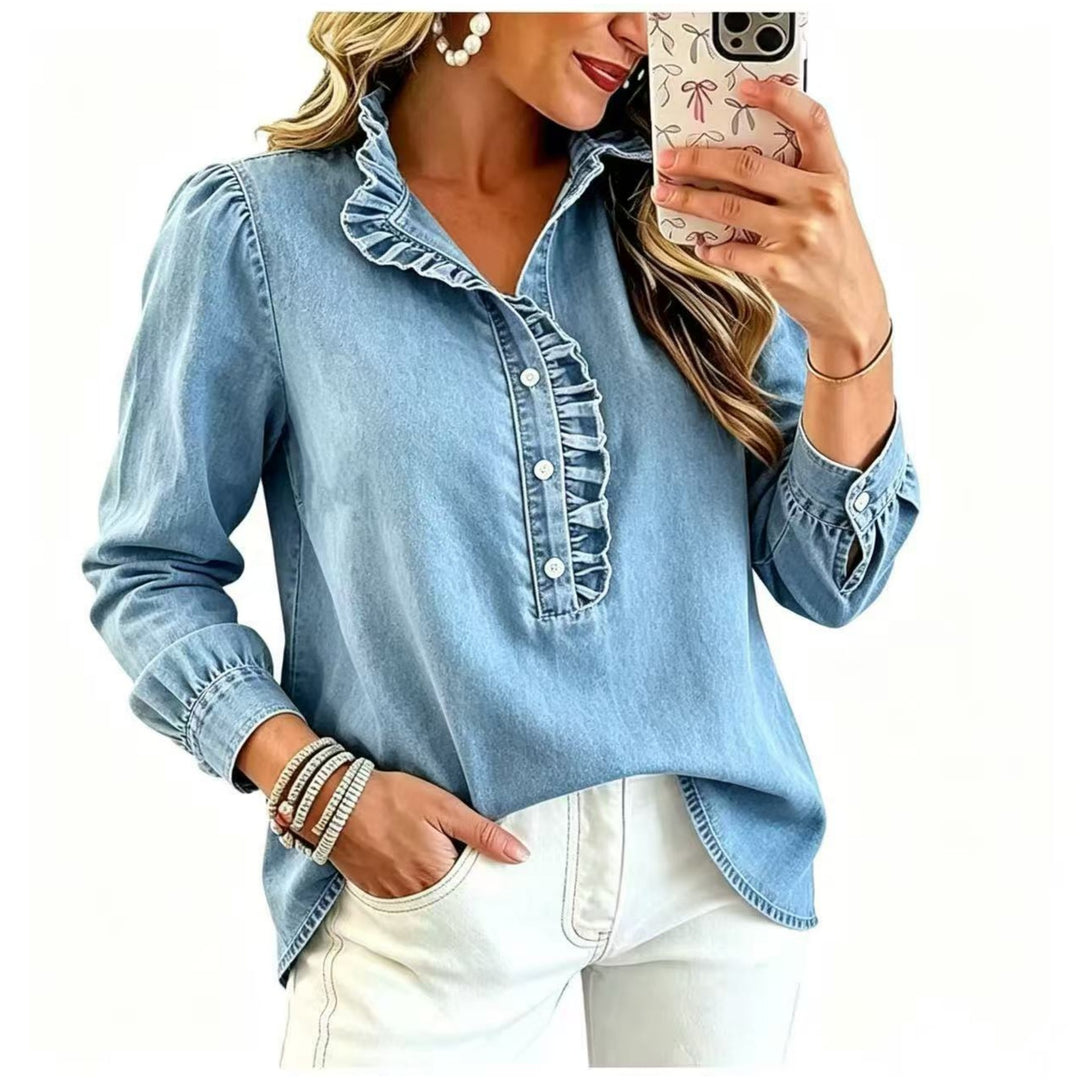 Damen Jeansbluse mit Rüschenkragen und Ballonärmeln Nord Taschen