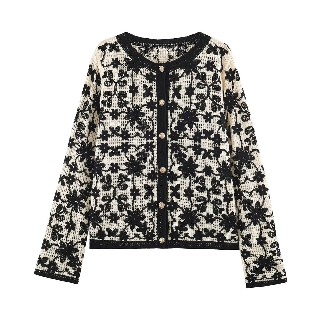 Damen Gehäkelte Bouclé-Cardigan mit dreidimensionaler Blütenstickerei und Goldakzenten Nord Taschen