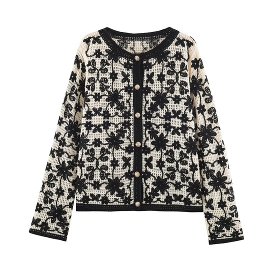 Damen Gehäkelte Bouclé-Cardigan mit dreidimensionaler Blütenstickerei und Goldakzenten Nord Taschen