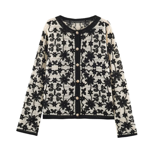 Damen Gehäkelte Bouclé-Cardigan mit dreidimensionaler Blütenstickerei und Goldakzenten Nord Taschen
