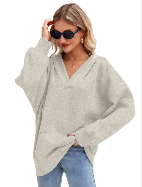 Damen Oversize V-Ausschnitt Hoodie mit Kapuze, Kängurutasche und verlängertem Saum Nord Taschen