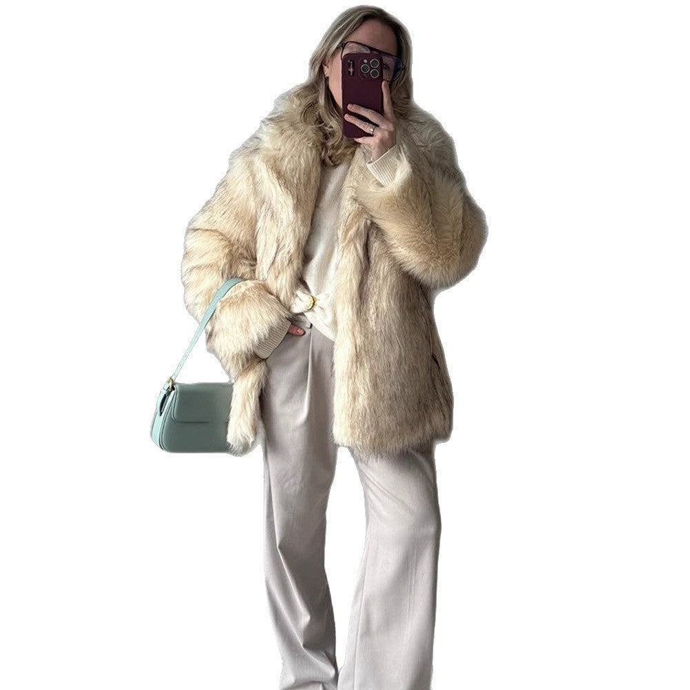 Damen Kurzmantel aus Kunstpelz mit Taillengürtel und voluminösem Schalkragen Nord Taschen