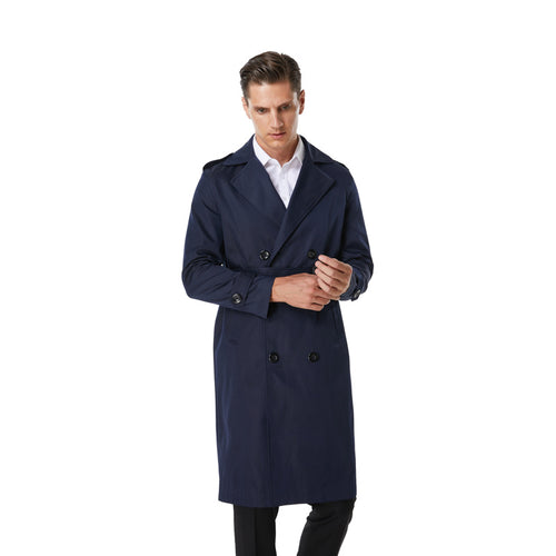 Herren Knielanger Trenchcoat im klassischen Doppelreiher mit Schulterklappen und Taillengürtel Nord Taschen