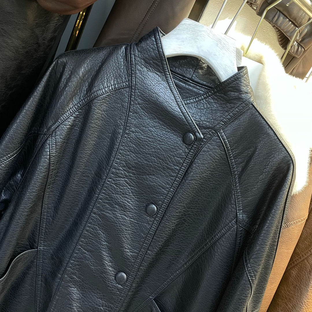 Damen Kurze Lederjacke mit strukturierter Narbung, Stehkragen und Tunnelzugbund Nord Taschen