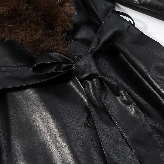 Damen Langer Ledermantel mit abnehmbarem Fellkragen und minimalistischer Silhouette Nord Taschen