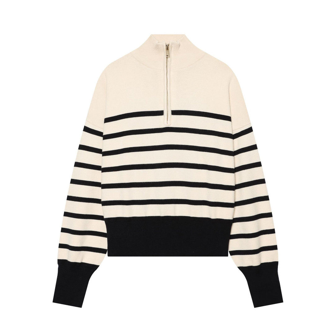 Damen Gestreifter Cropped Strickpullover mit halbem Reißverschluss und Stehkragen Nord Taschen