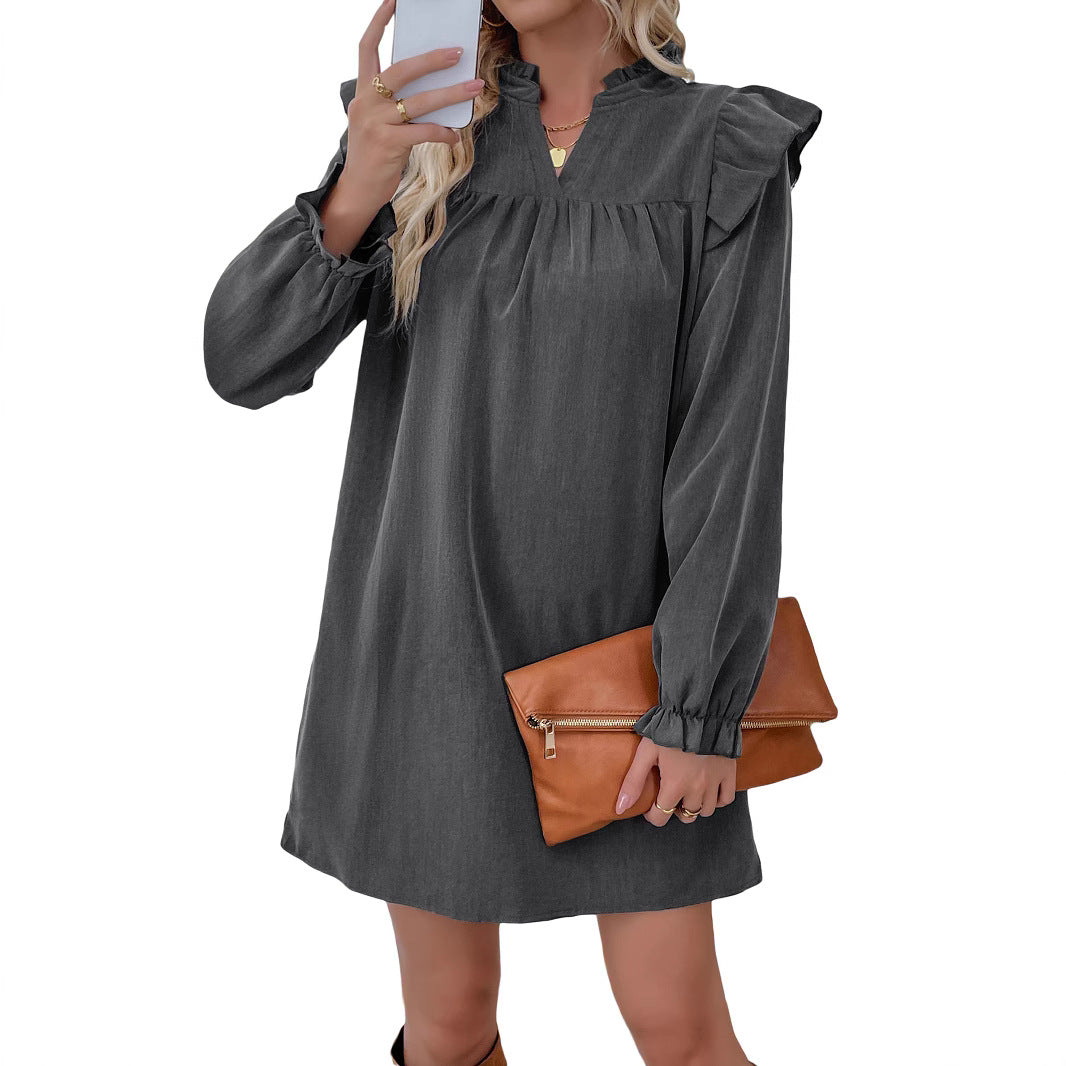 Damen Volant-Hemdkleid mit geraffter Passe, Stehkragen und elastischen Manschetten Nord Taschen