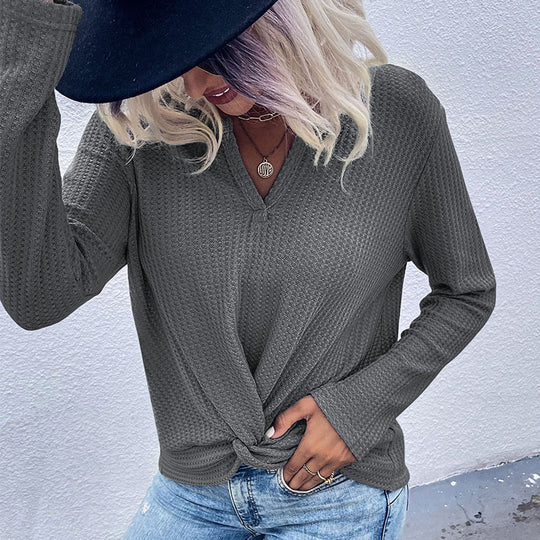 Damen Waffelstrick-Longsleeve mit V‑Ausschnitt und Knotenfront Nord Taschen