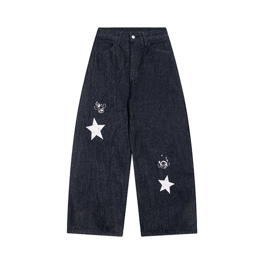 Damen Weite Denim-Palazzo-Jeans mit hohem Bund, Stern-Applikationen und Illustrativen Patches Nord Taschen