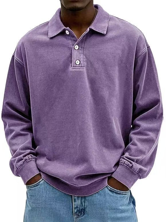 Herren nan lässiges Poloshirt-Sweatshirt mit Kragen, Vintage-Waschung und dreiteiliger Knopfleiste