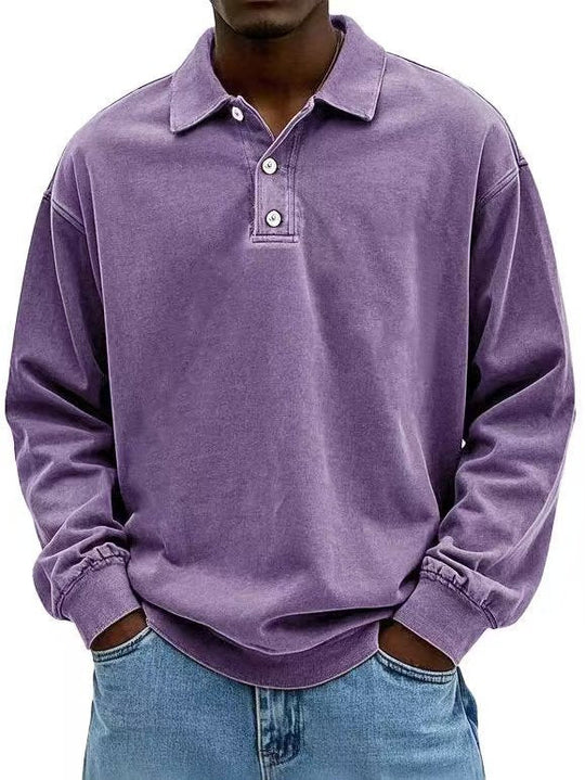 Herren nan lässiges Poloshirt-Sweatshirt mit Kragen, Vintage-Waschung und dreiteiliger Knopfleiste