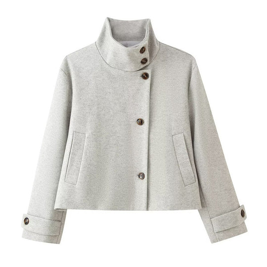 Damen kurze Boxy-Wolljacke mit Stehkragen und Manschetten Nord Taschen