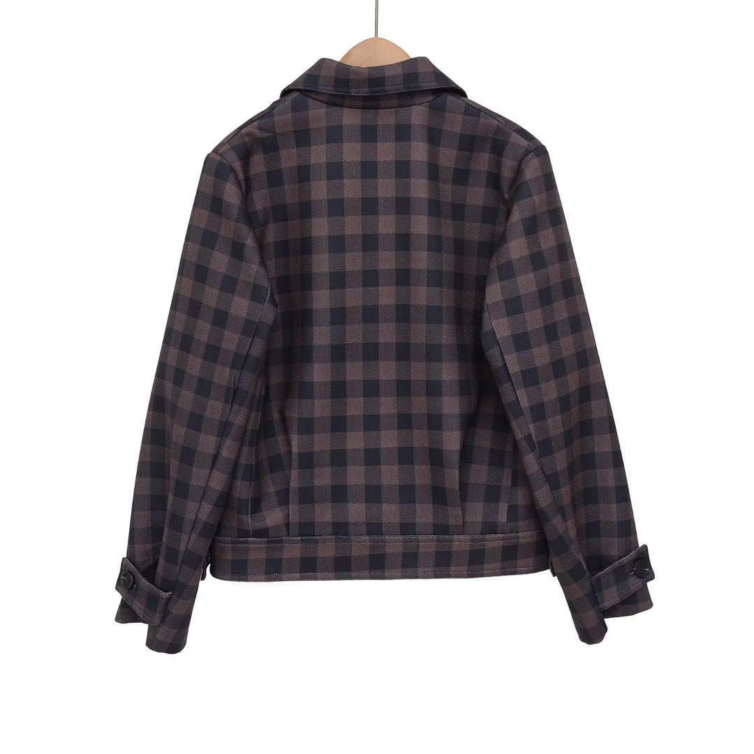 Damen Kurze Doppelreiher-Jacke im Karo-Design mit Reverskragen und Taillenbund Nord Taschen