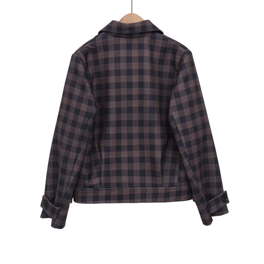 Damen Kurze Doppelreiher-Jacke im Karo-Design mit Reverskragen und Taillenbund Nord Taschen