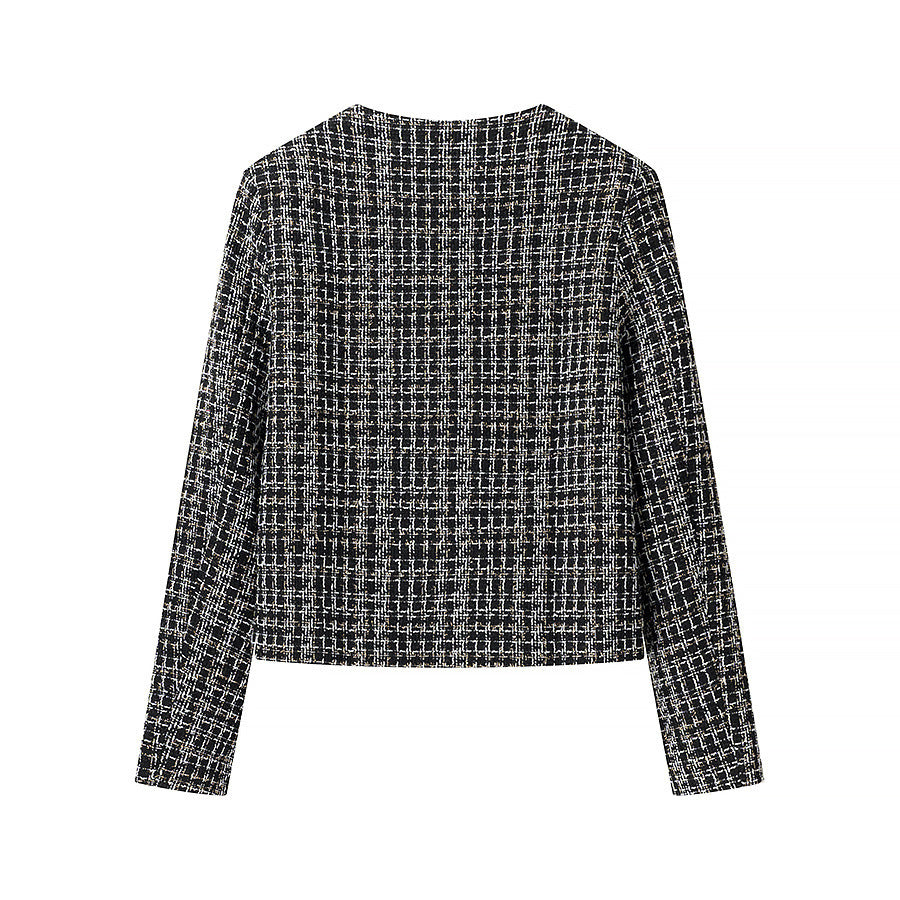 Damen Bouclé-Tweed-Jacke mit Rundhalsausschnitt, goldenen Zierknöpfen und aufgesetzten Taschen Nord Taschen
