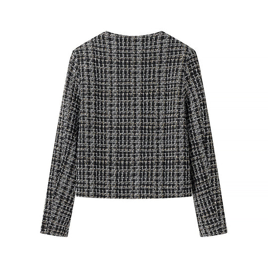 Damen Bouclé-Tweed-Jacke mit Rundhalsausschnitt, goldenen Zierknöpfen und aufgesetzten Taschen Nord Taschen