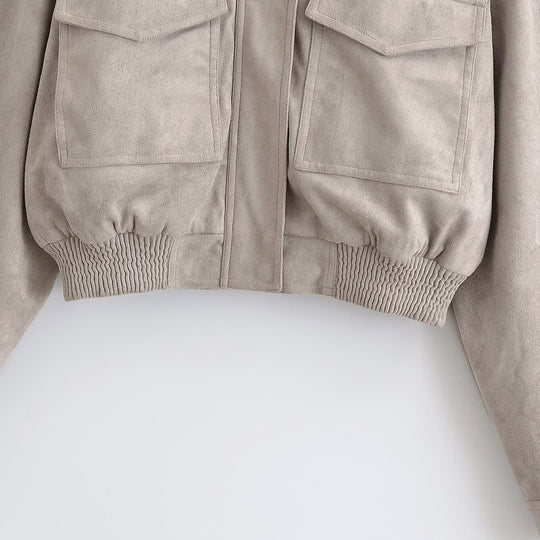 Damen Kurzblouson im Fieldstil aus Veloursleder-Optik mit Stehkragen, Schulterriegeln und breitem Rippbund Nord Taschen