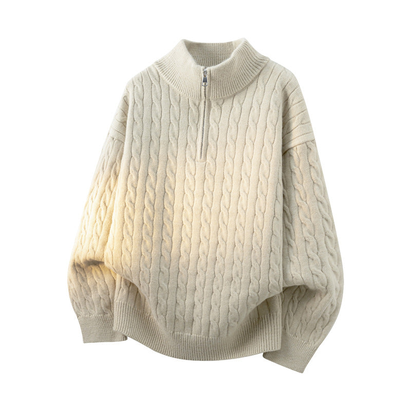 Damen Grobgestrickter Half-Zip Pullover mit Zopfmuster und Stehkragen Nord Taschen