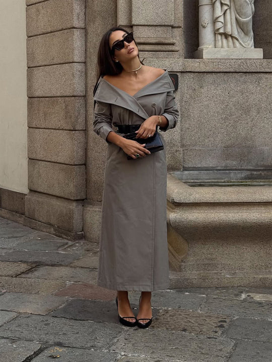 Damen Off-Shoulder Trenchkleid mit doppelreihiger Knopfleiste und tailliertem Lackgürtel Nord Taschen
