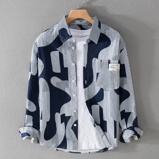 Herren Lockeres gemustertes Baumwoll-Overshirt mit Crinkle‑Struktur Nord Taschen