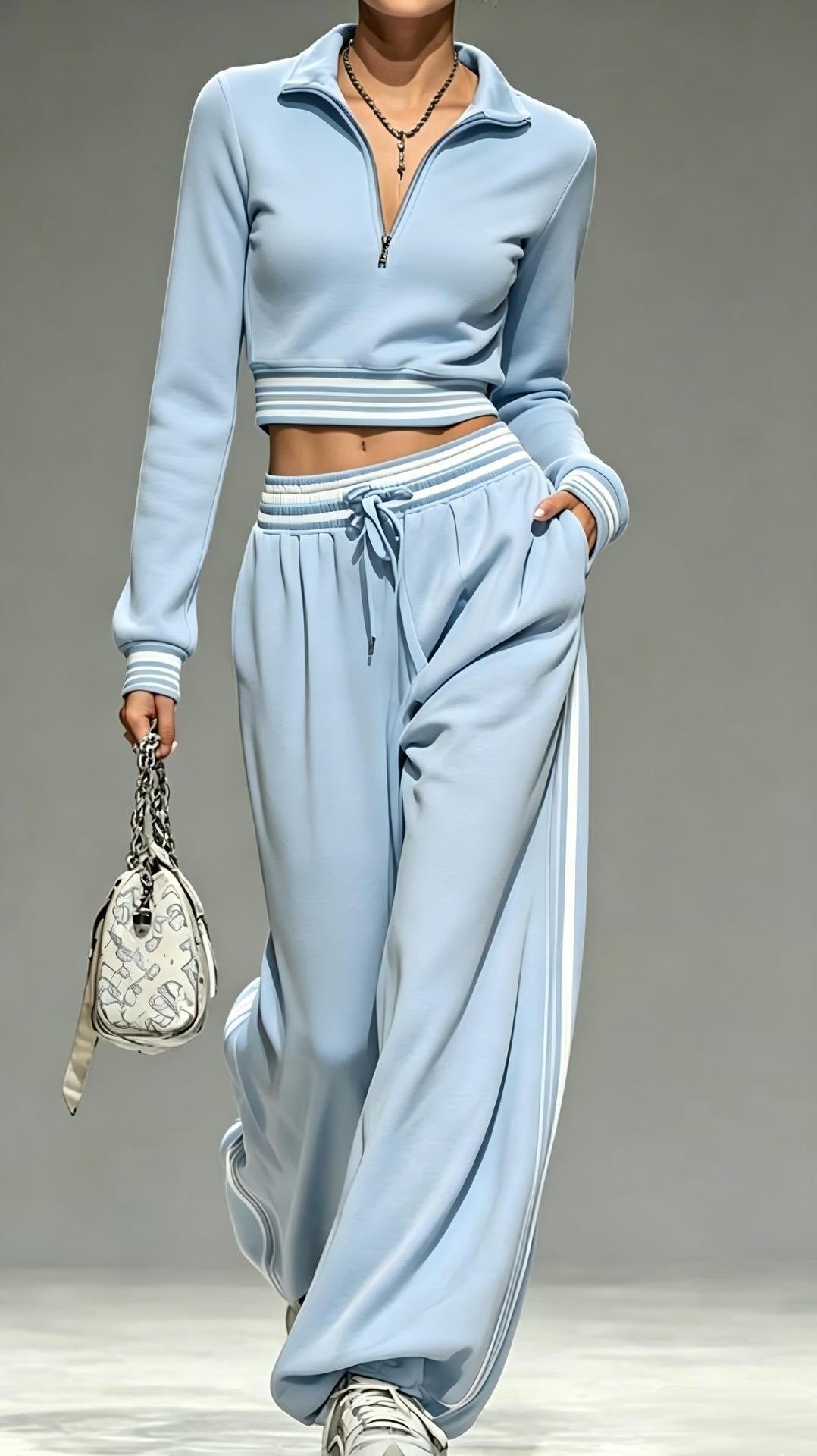 Damen Cropped-Trainingsset mit halbem Reißverschlusskragen und weitem Bundfalten-Jogger Nord Taschen