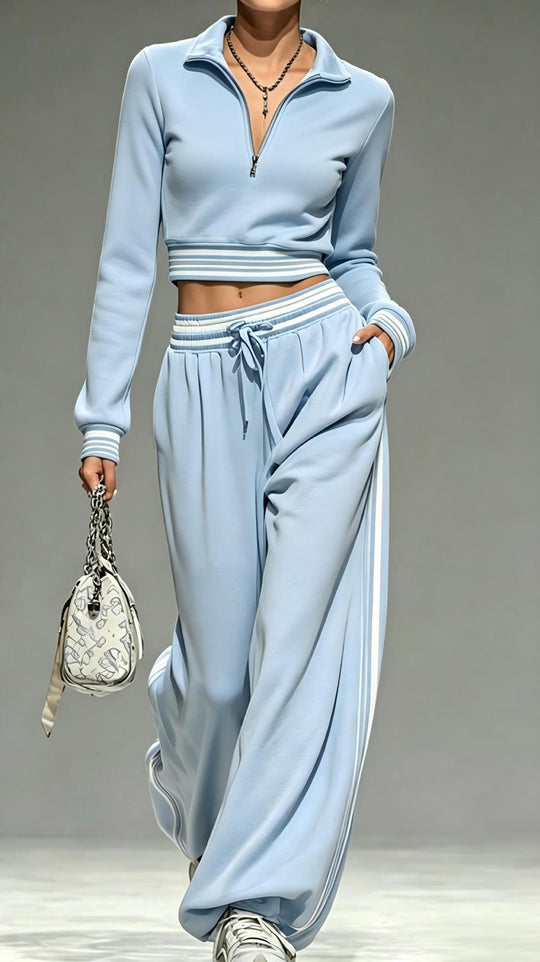 Damen Cropped-Trainingsset mit halbem Reißverschlusskragen und weitem Bundfalten-Jogger Nord Taschen