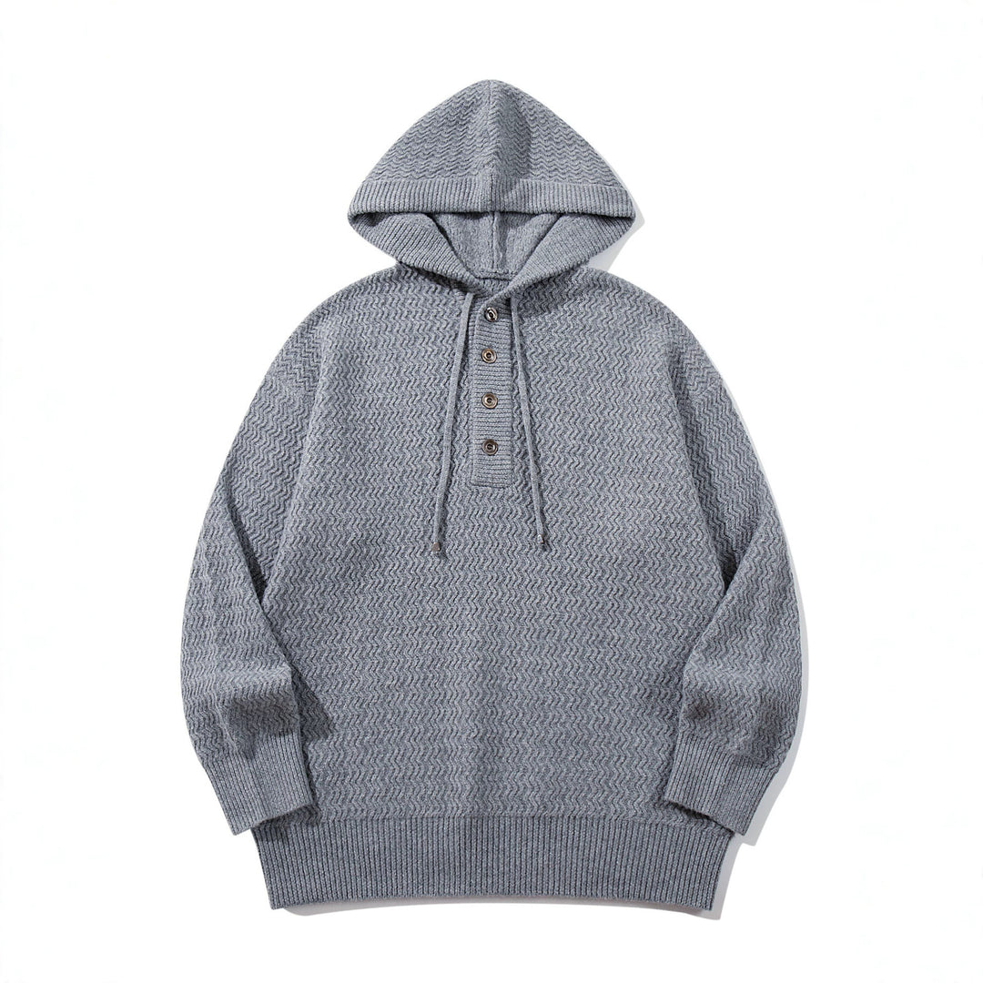 Unisex Strukturierter Kapuzen‑Strickpullover mit Henley‑Knopfleiste Nord Taschen