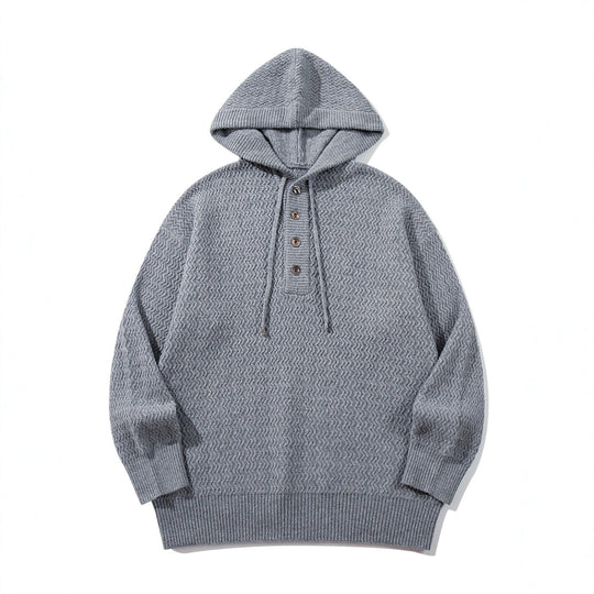 Unisex Strukturierter Kapuzen‑Strickpullover mit Henley‑Knopfleiste Nord Taschen