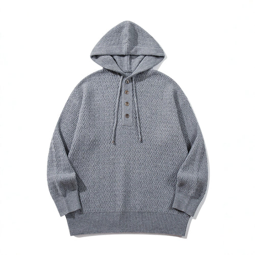 Unisex Strukturierter Kapuzen‑Strickpullover mit Henley‑Knopfleiste Nord Taschen