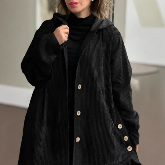 Damen Langer Kapuzen-Strickcardigan mit Rippenstruktur, Knopfleiste und Seitentaschen Nord Taschen